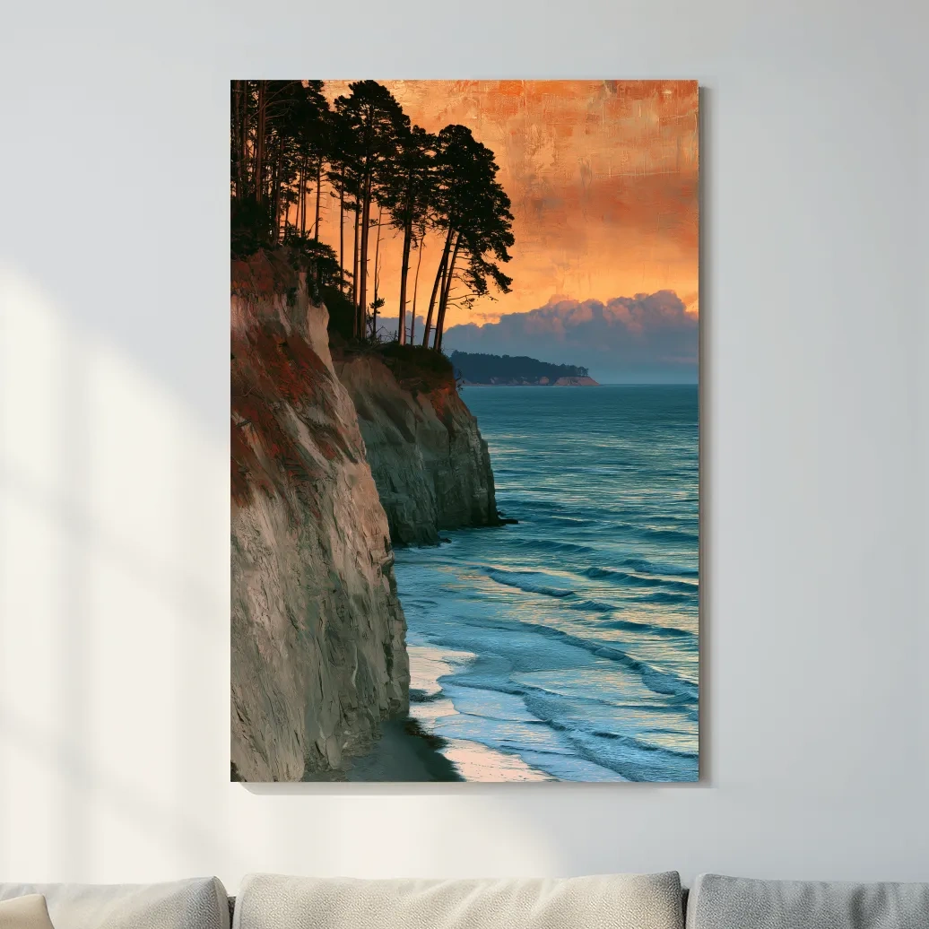 Sunset Coastal Cliffs And Pine Trees - Abstract Illustration Wall Art