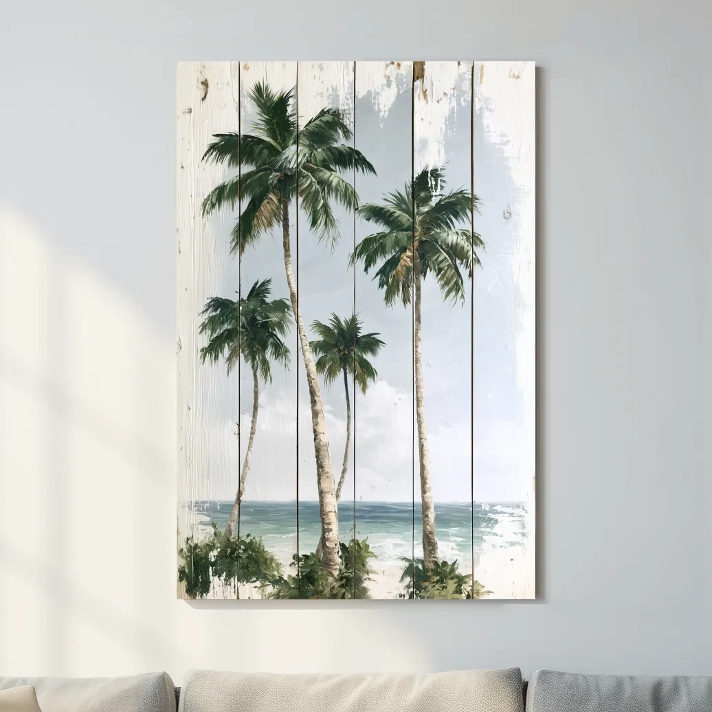 Tropical Palm Trees Beach Painting - Rustic Reclaimed Wood Effect Wall Art