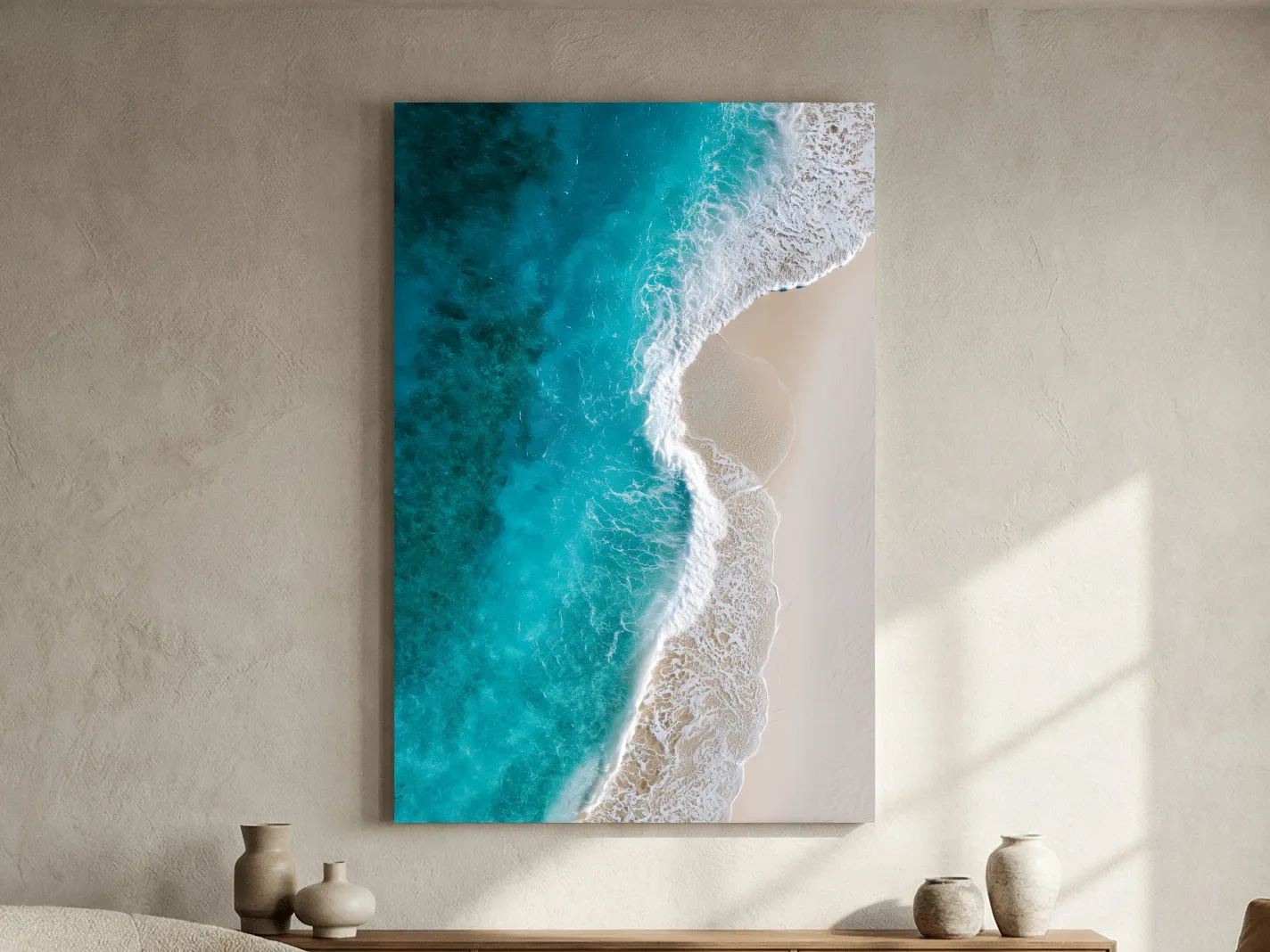 Aerial Tropical Shoreline Waves - Serene Beach Drone Photographic Wall Art