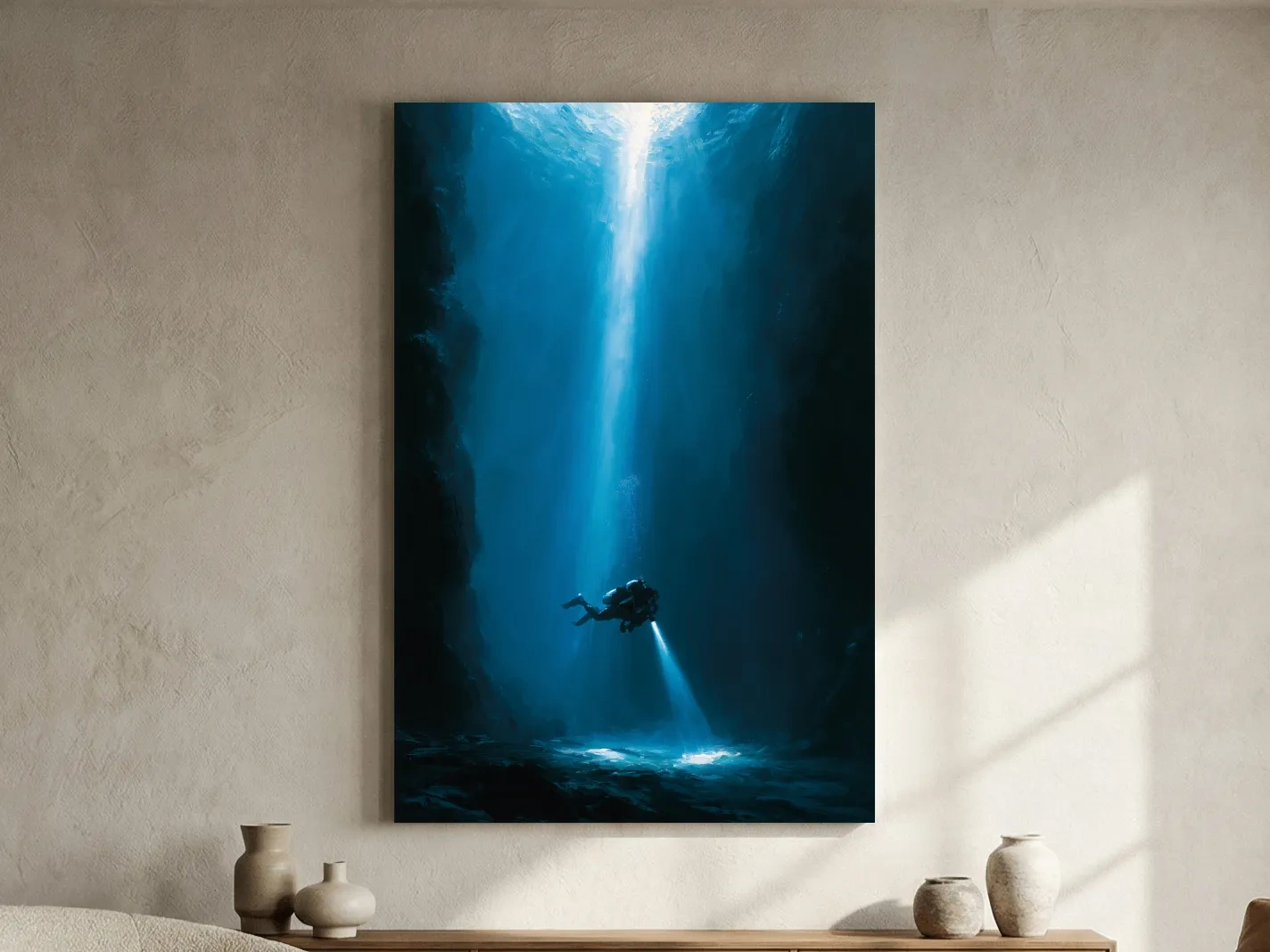 Surreal Underwater Scuba Diver Painting - Dramatic Deep Sea Wall Art