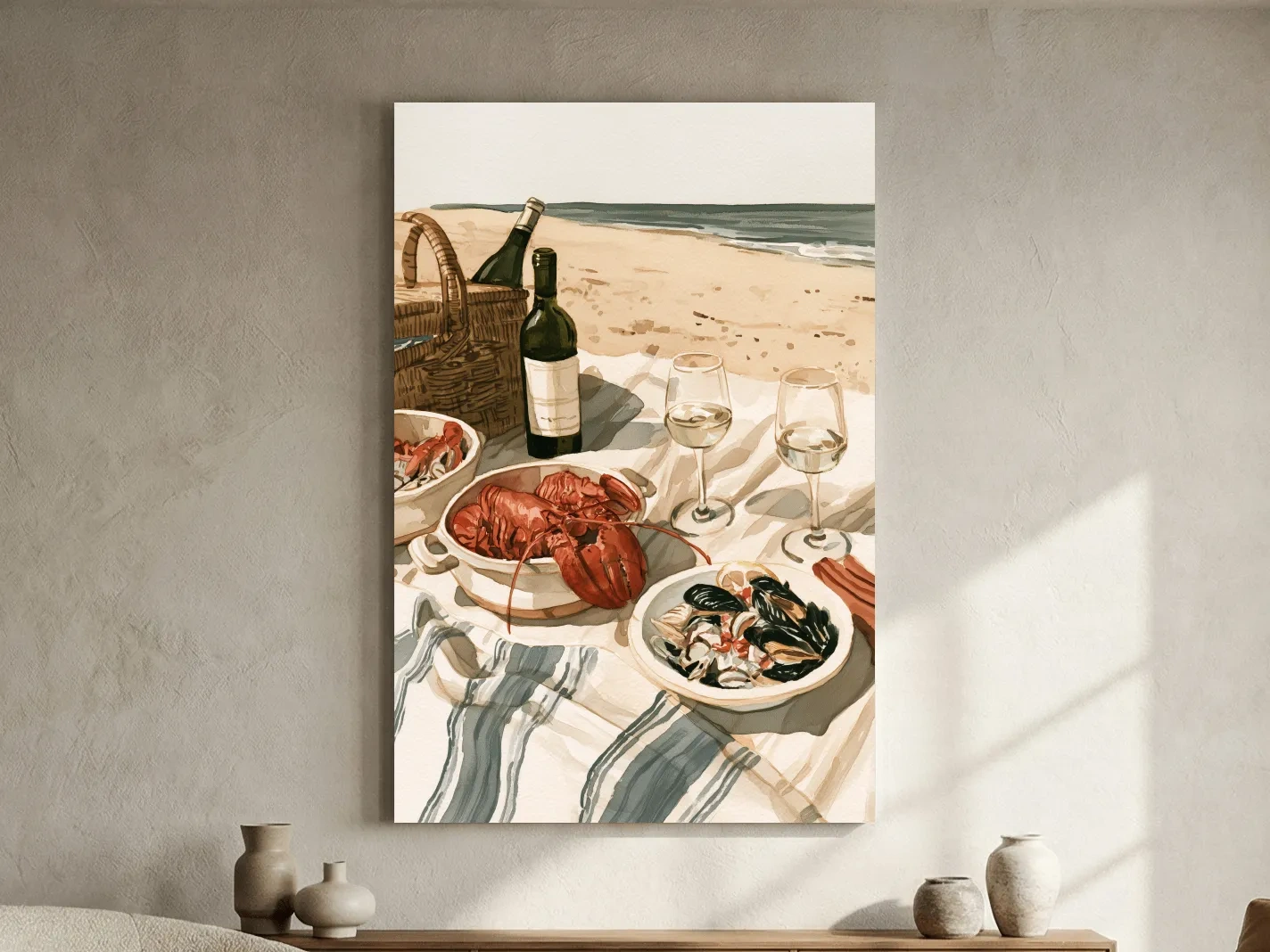 Coastal Lobster Picnic Artwork - Watercolor Beach Wall Art