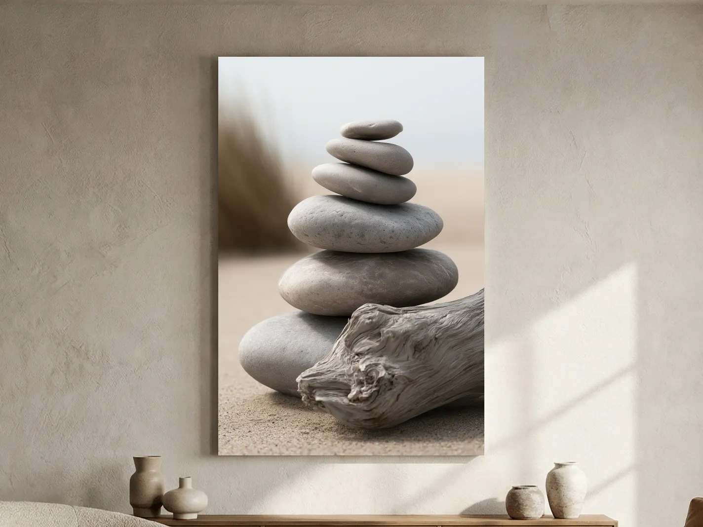 Balanced Pebble Stack With Driftwood - Minimalist Photographic Coastal Wall Art