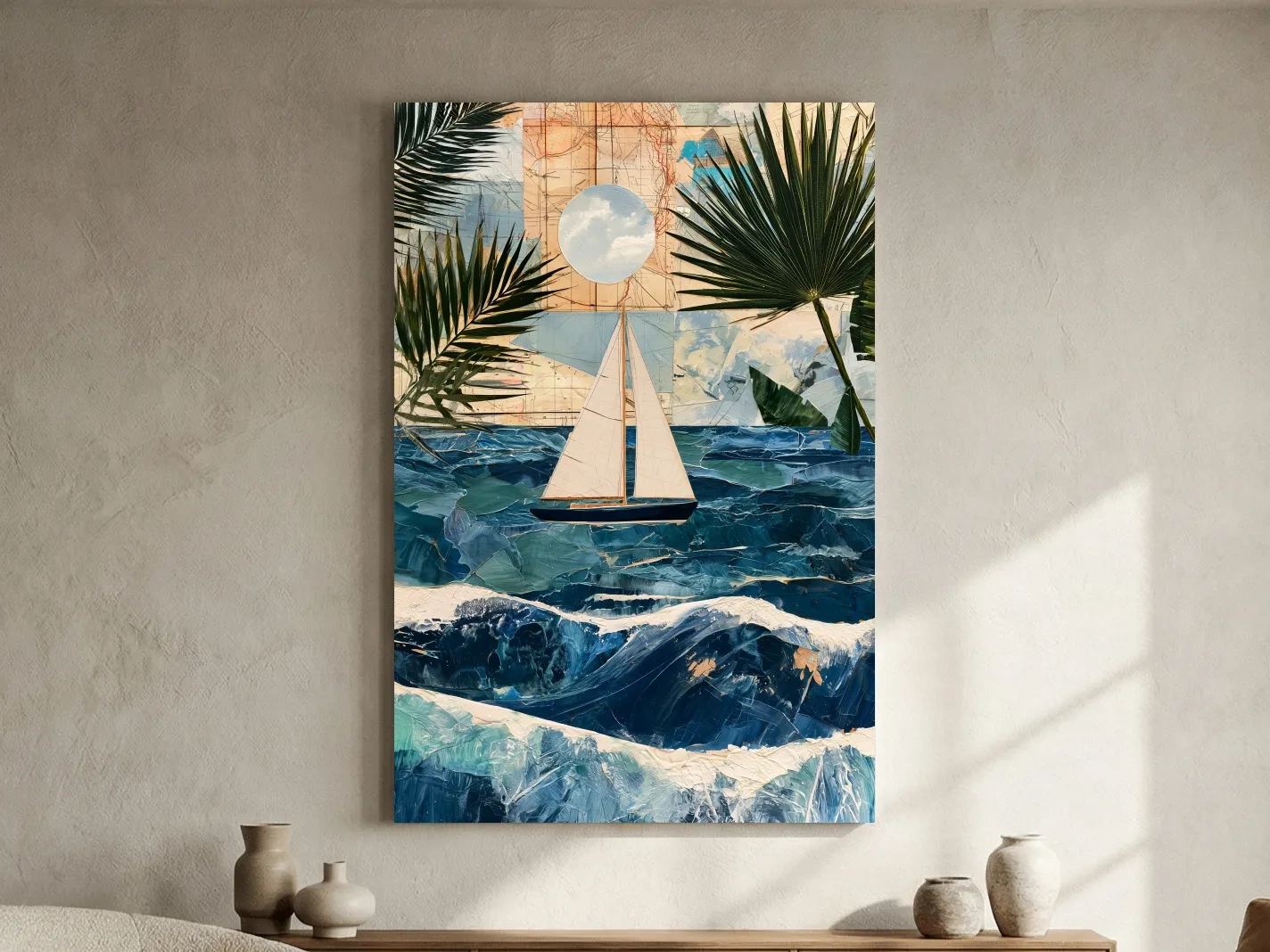 Tropical Sailboat Collage - Mixed Media Ocean Wall Art