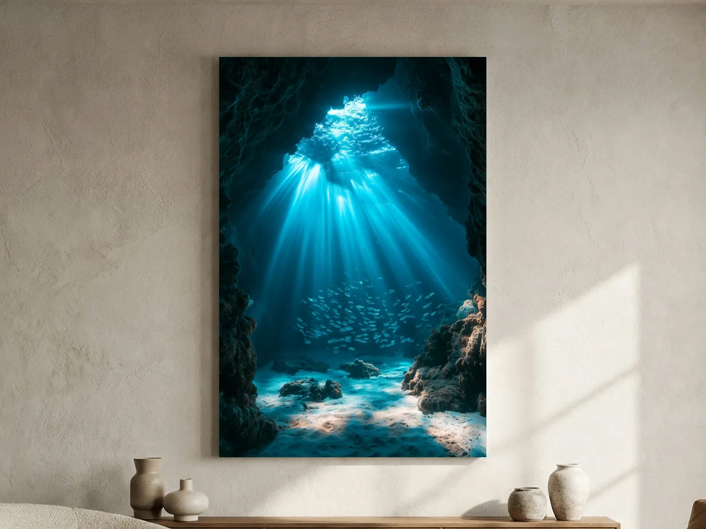 Surreal Underwater Sea Cave Sunbeams - Photographic Marine Life Wall Art