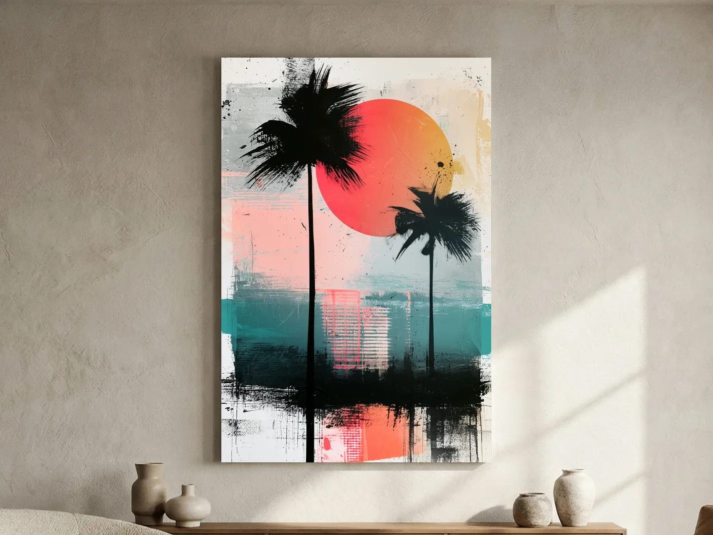 Abstract Tropical Palm Sunset Painting - Modern Paradise Wall Art