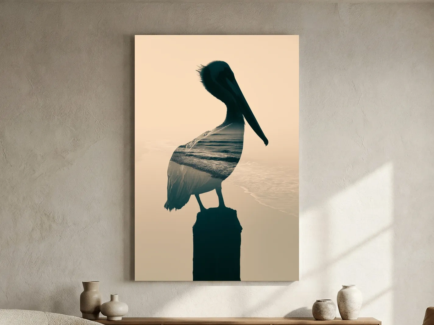 Pelican Double Exposure Silhouette - Minimalist Beach Photographic Wall Art