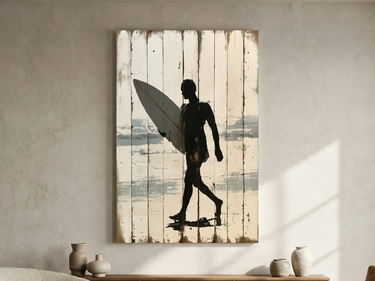 Surfer Silhouette Reclaimed Wood Painting - Rustic Beach Wall Art