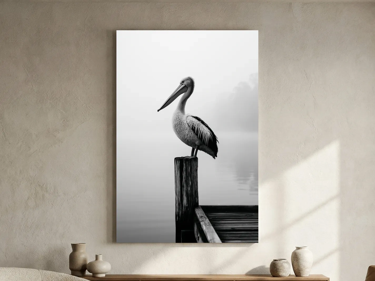 Misty Pelican On Pier - Minimalist Photographic Wall Art