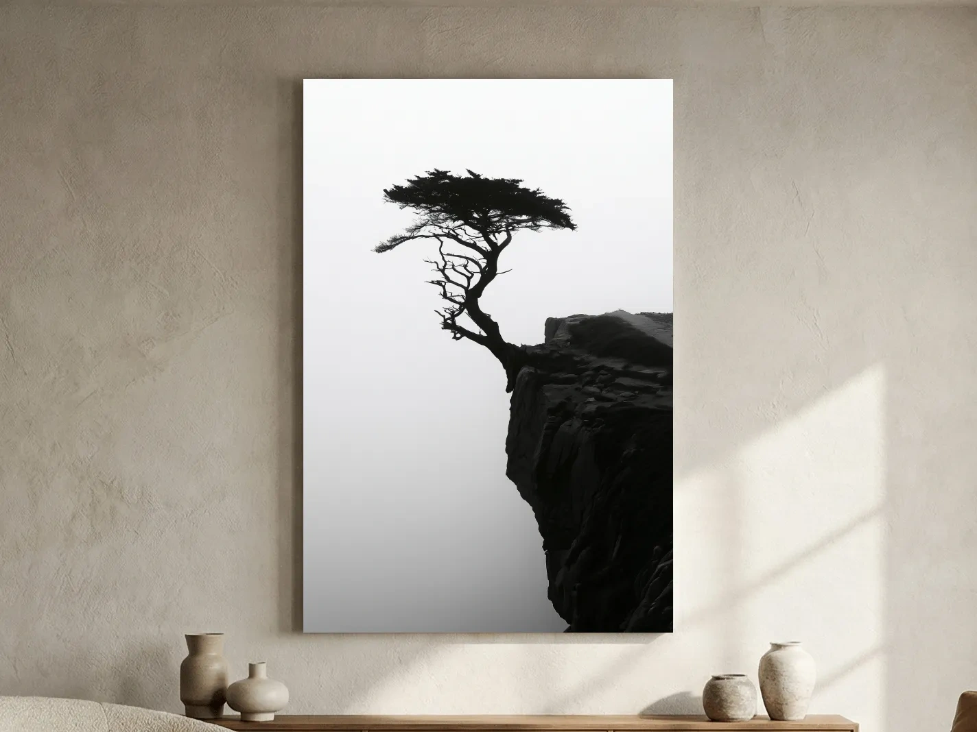 Misty Cypress Silhouette Cliff - Minimalist Photographic Wall Art