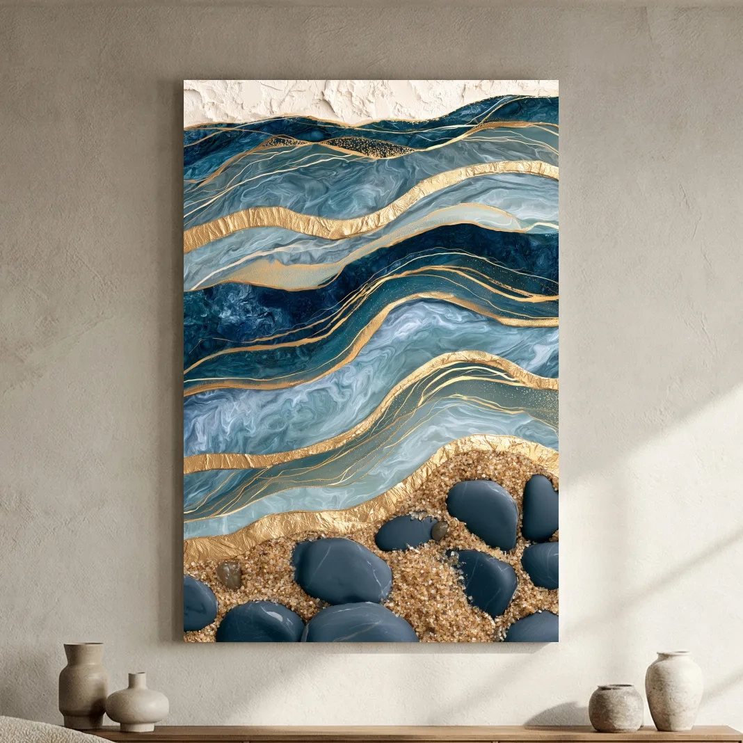 Abstract Layered Geological Strata - Gold Veined Stone Wall Art
