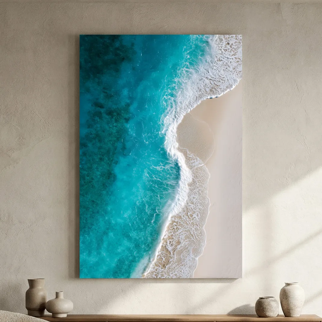 Aerial Tropical Shoreline Waves - Serene Beach Drone Photographic Wall Art