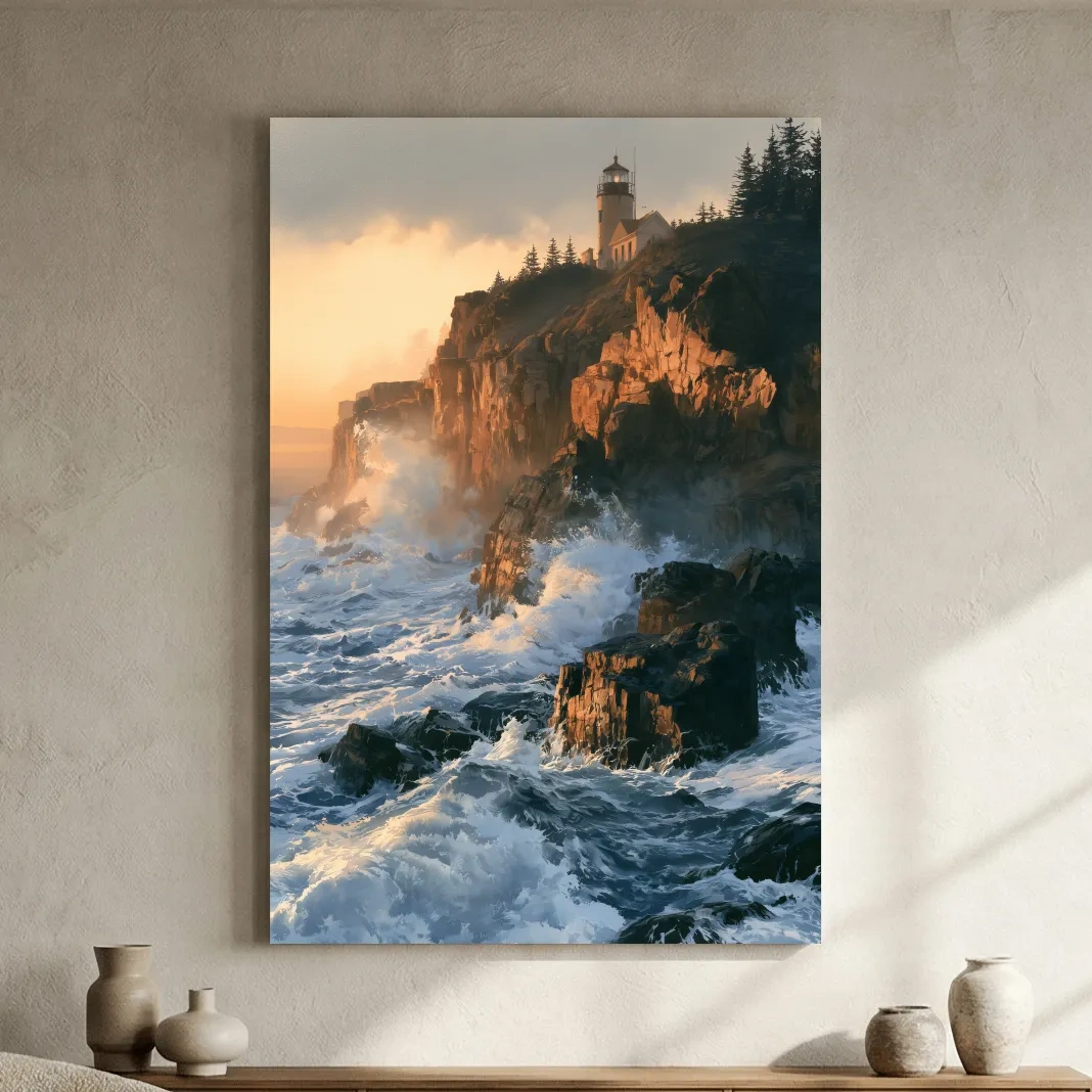 Dramatic Lighthouse Cliff Seascape - Golden Sunset Painting Wall Art
