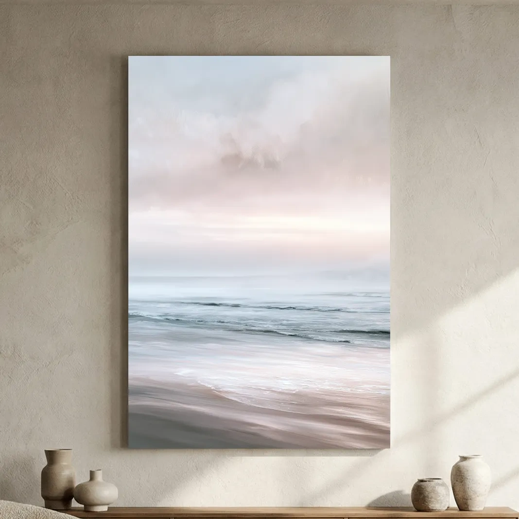 Misty Boho Beach Horizon Painting - Minimalist Coastal Wall Art