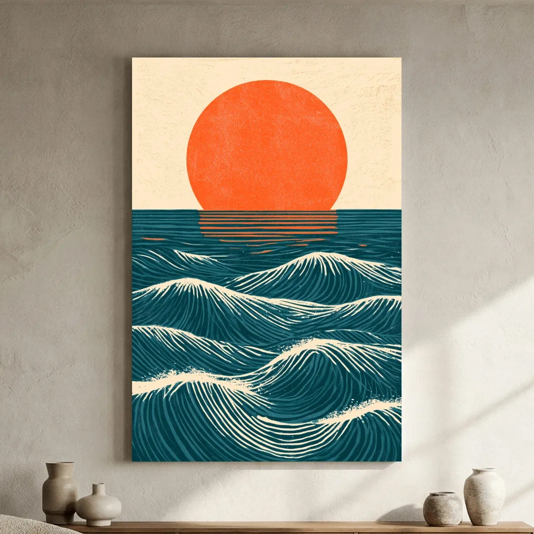 Mid-Century Ocean Waves Sunset - Geometric Illustration Wall Art