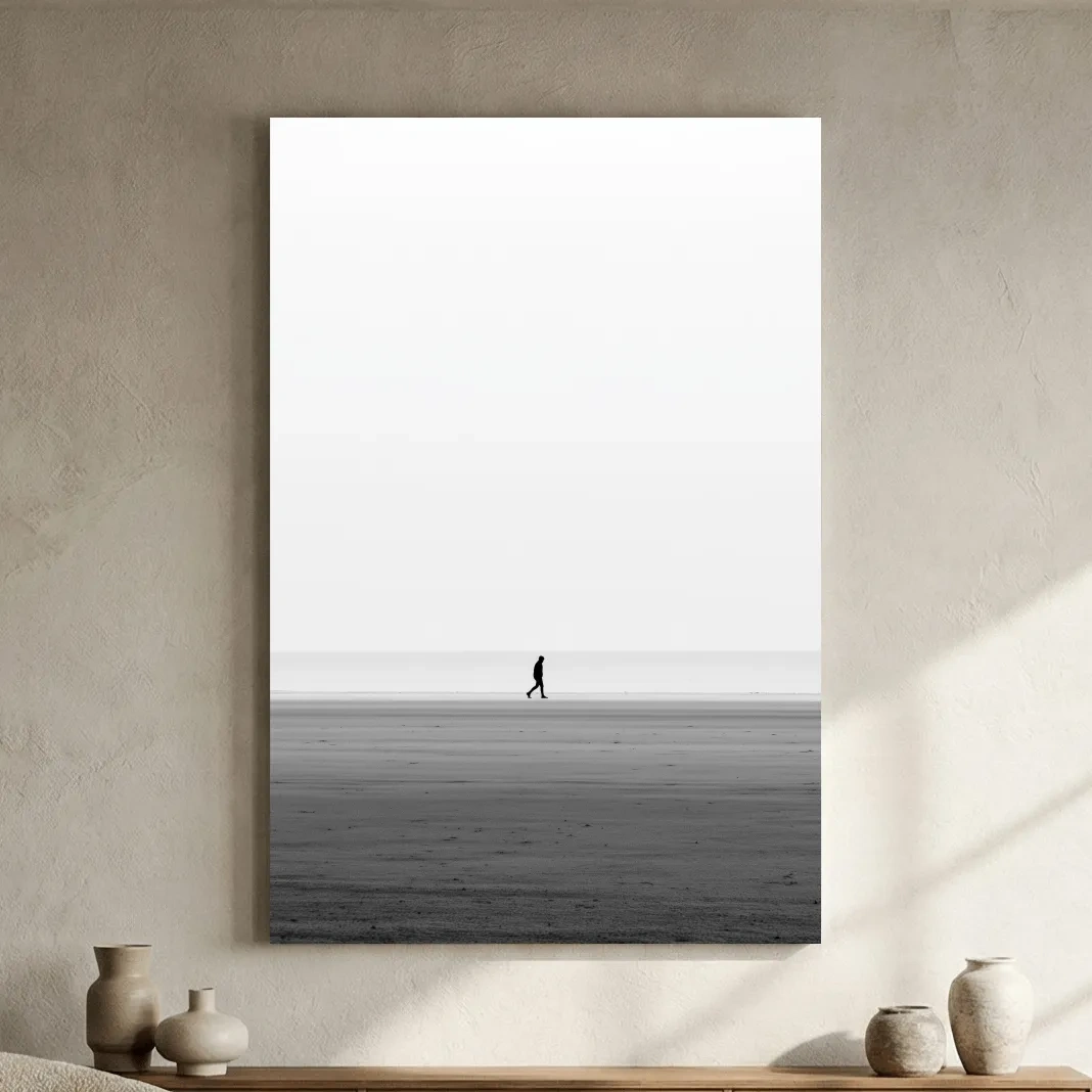 Minimalist Lone Walker Beach Painting - Misty Shoreline Wall Art