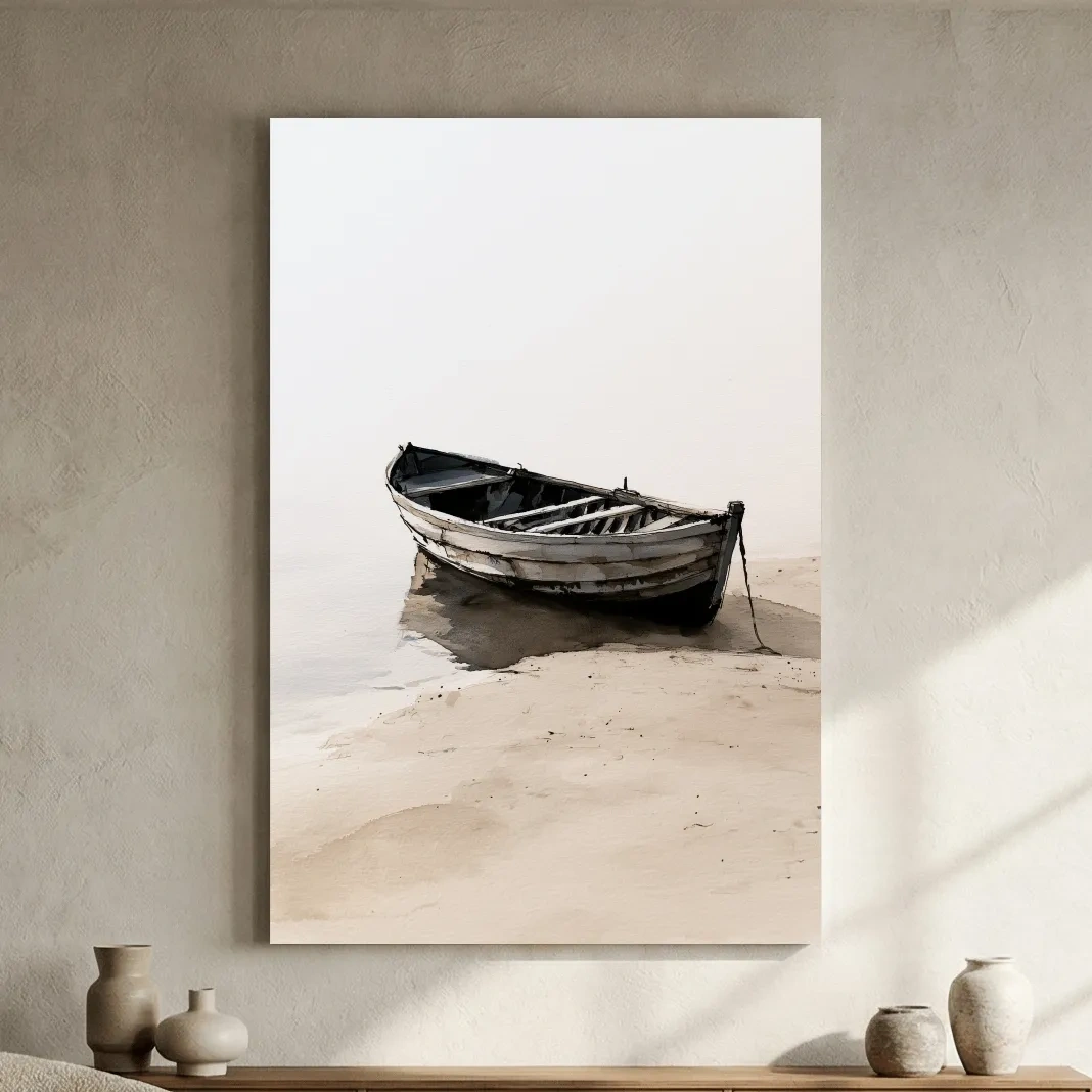 Misty Weathered Rowboat Watercolour - Minimalist Beach Wall Art