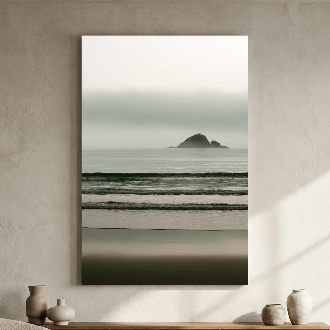 Misty Island Beach Horizon - Minimalist Photographic Wall Art