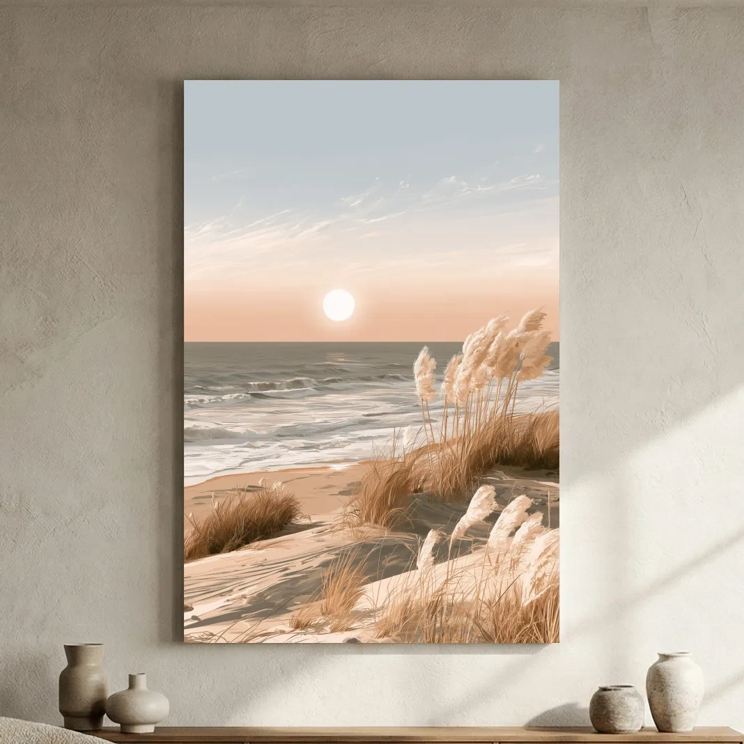 Serene Grass Beach Sunset - Coastal Landscape Wall Art