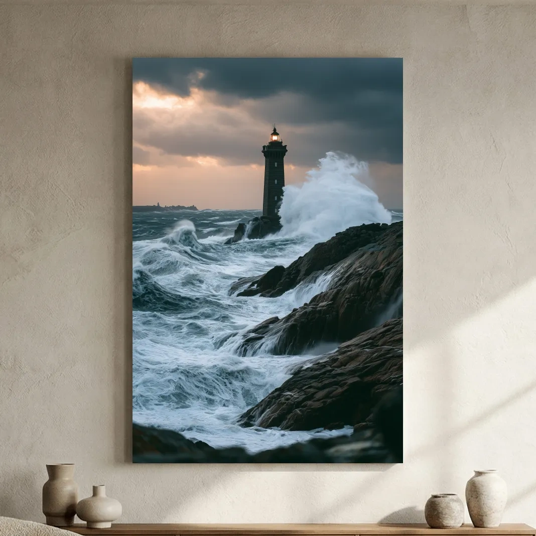 Misty Lighthouse Storm Waves - Dramatic Photographic Seascape Wall Art
