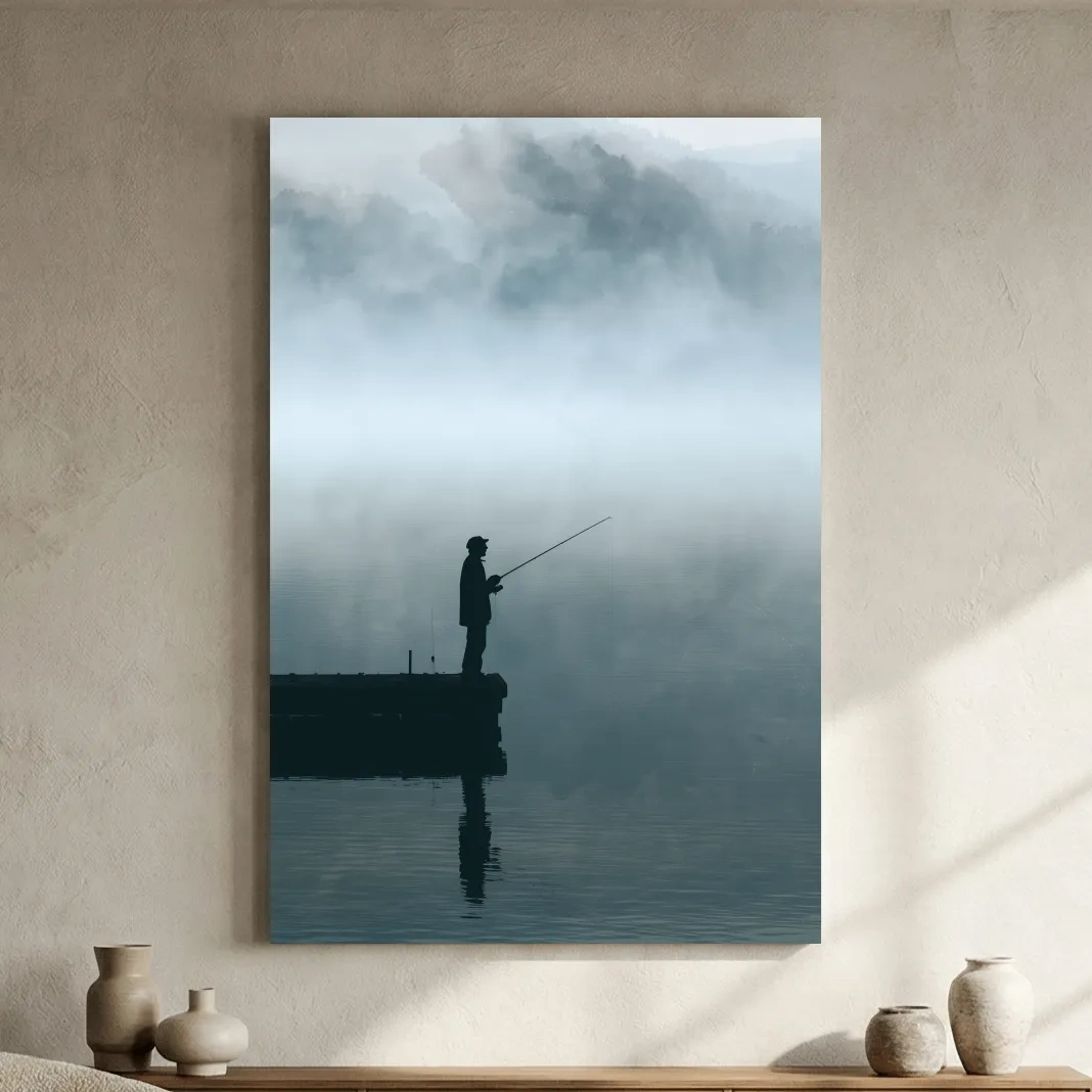 Misty Fisherman Silhouette - Minimalist Photographic Lake Wall Art