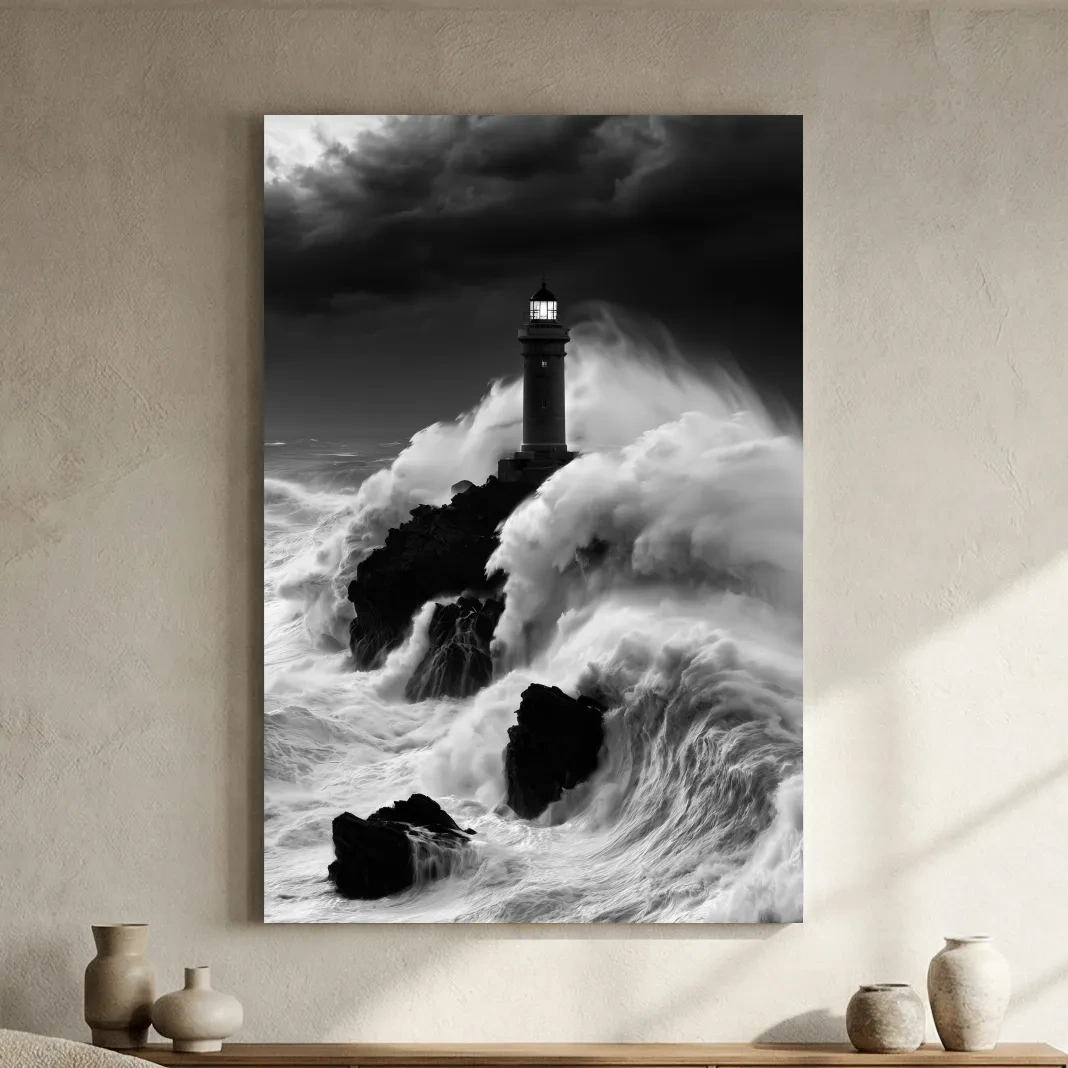 Misty Lighthouse Crashing Waves - Black And White Photographic Wall Art