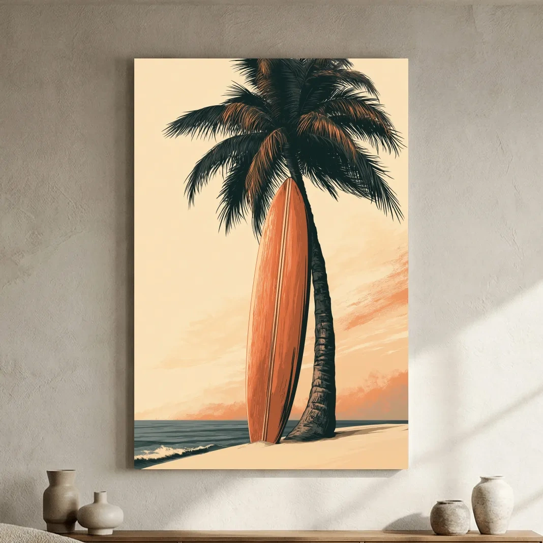 Retro Surfboard Palm Tree Illustration - Boho Tropical Wall Art