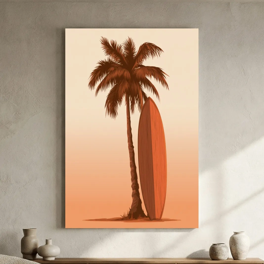 Retro Palm Tree Surfboard Illustration - Boho Beach Wall Art