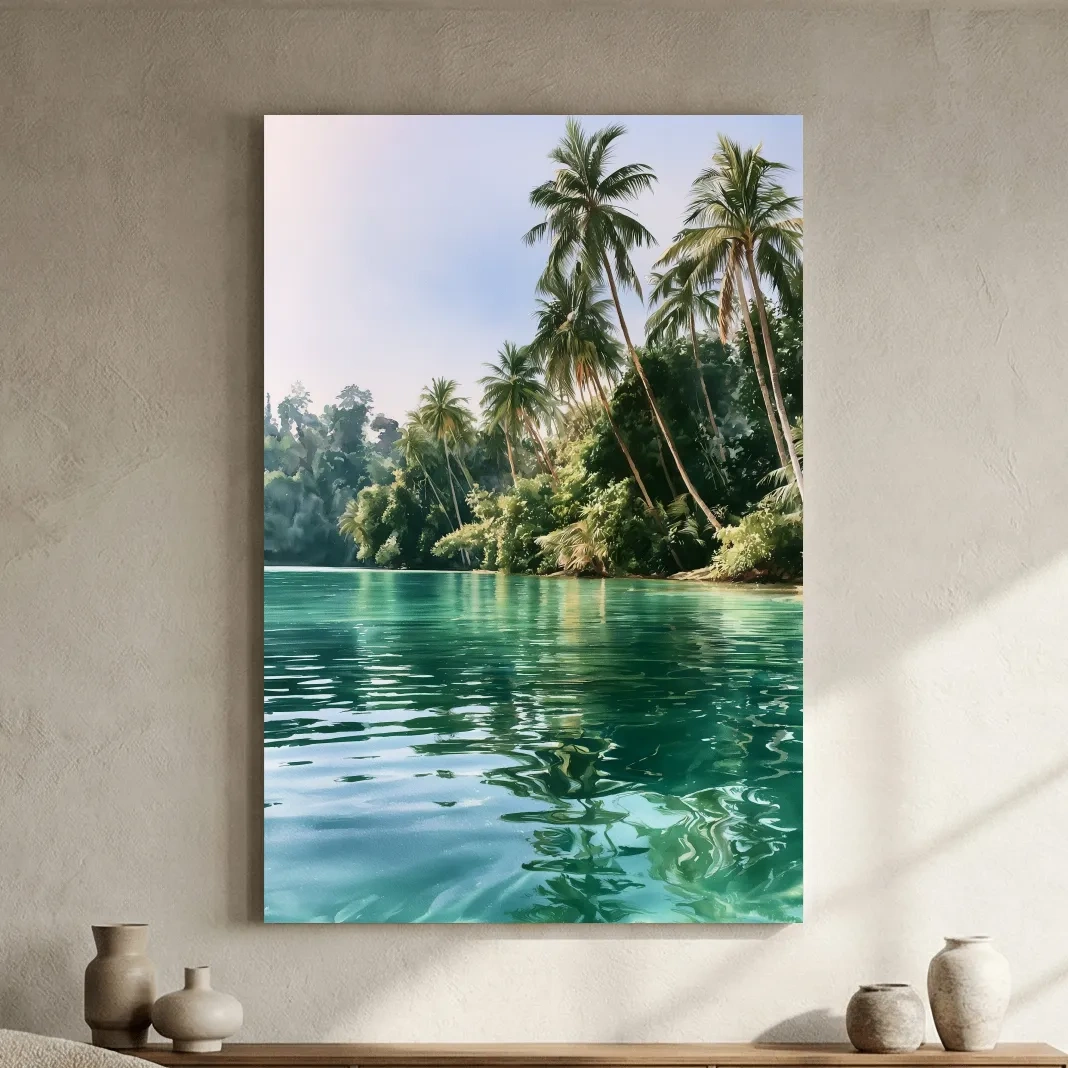 Tropical Palm Lagoon Watercolour - Ocean Paradise Wall Art