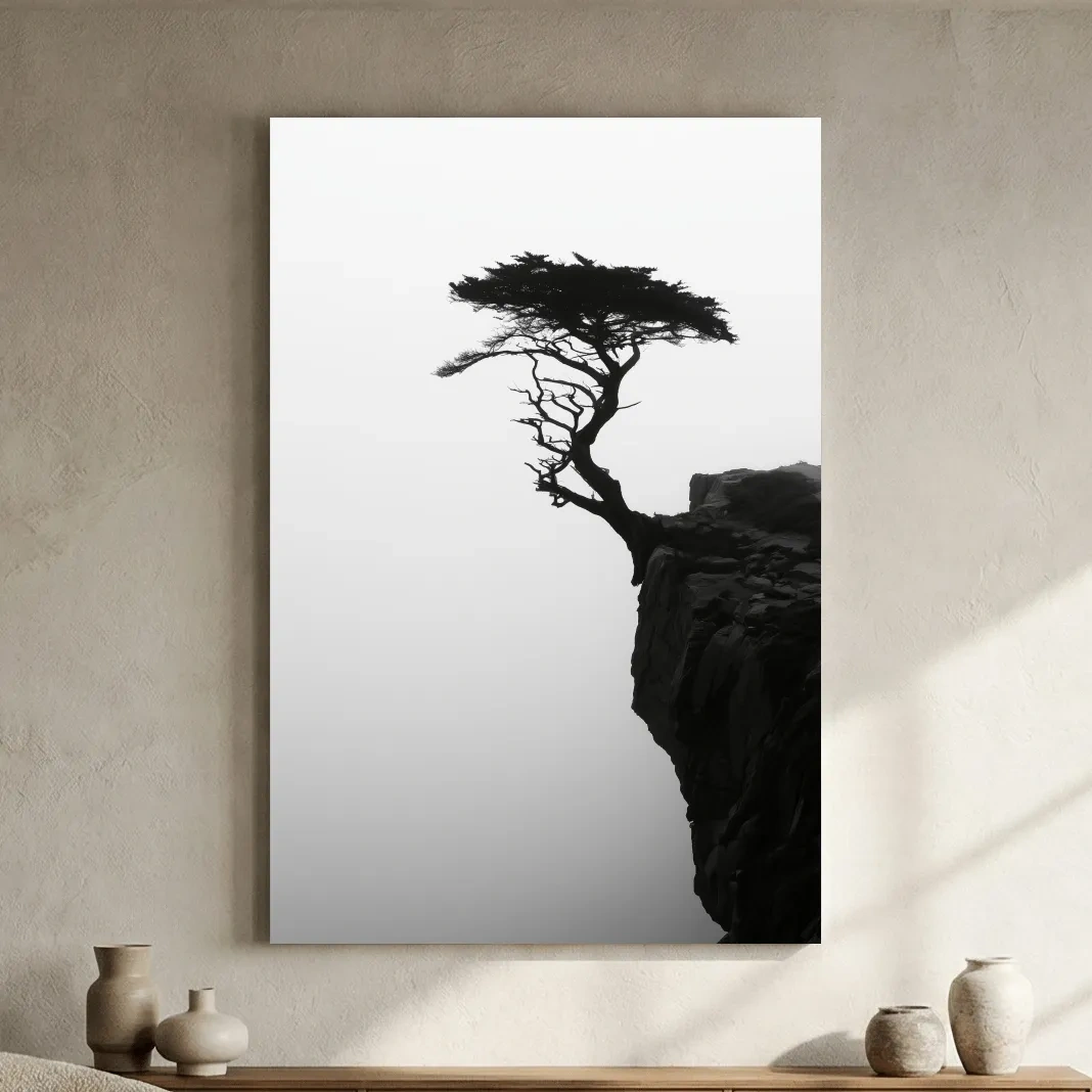 Misty Cypress Silhouette Cliff - Minimalist Photographic Wall Art