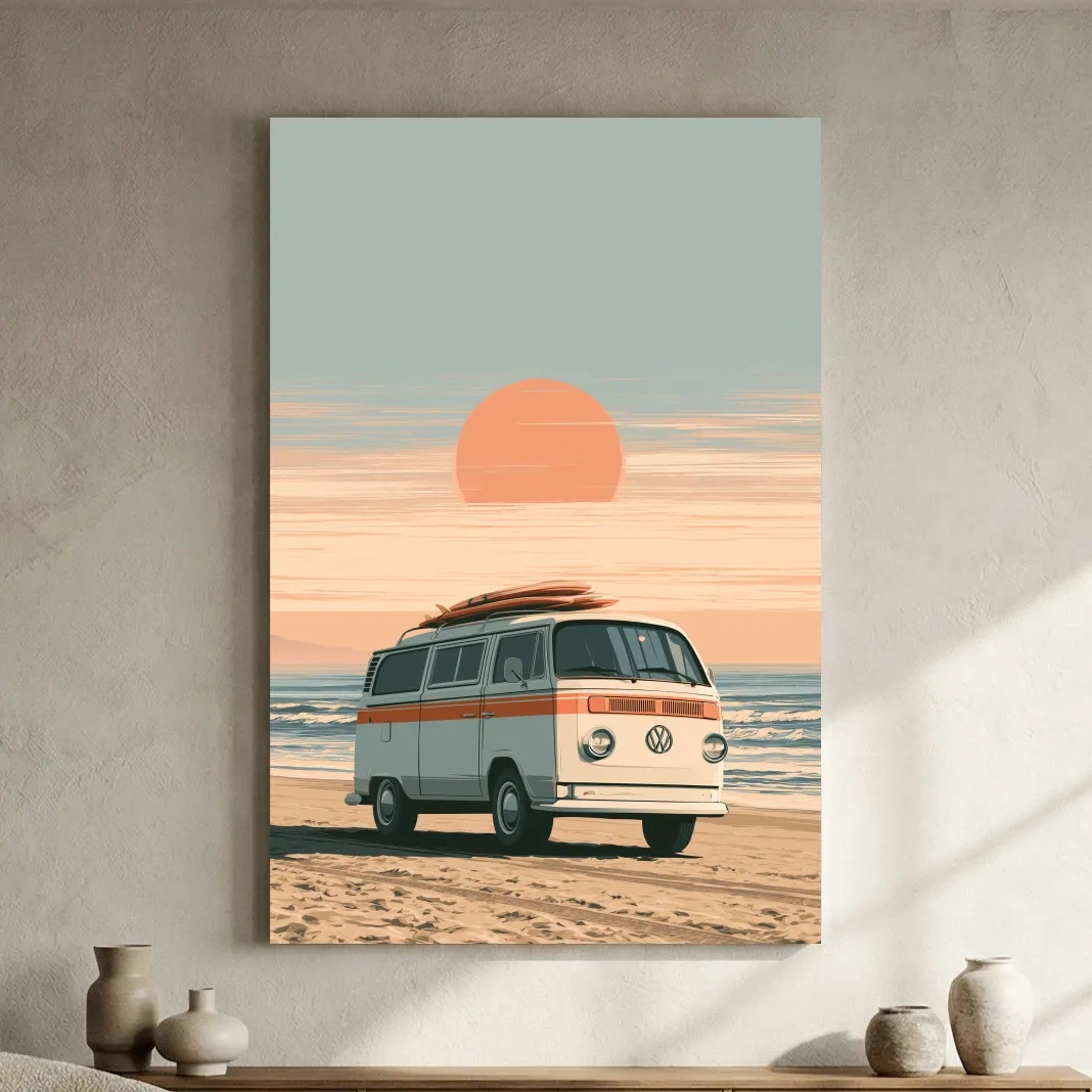 Vintage Camper Van Beach Sunset - Retro Vector Coastal Wall Art