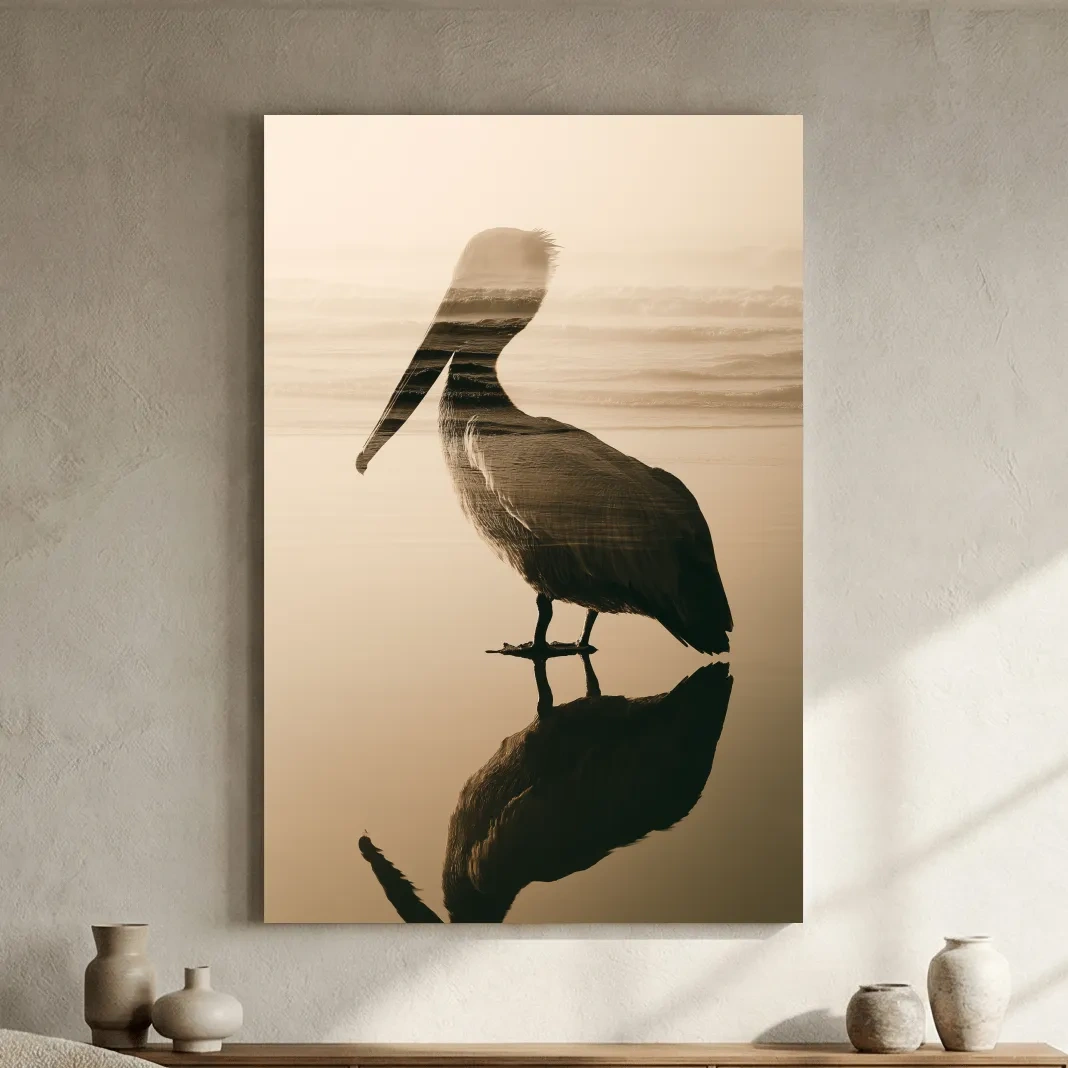 Pelican Double Exposure Silhouette - Minimalist Beach Photographic Wall Art