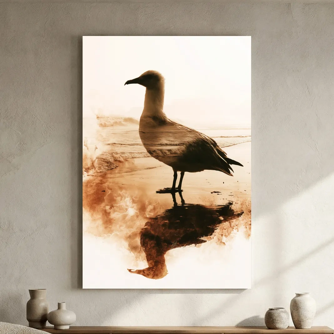 Seagull Double Exposure Beach Silhouette - Minimalist Photographic Wall Art