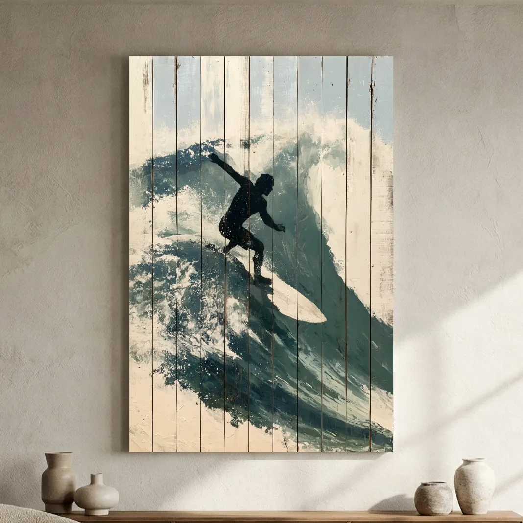 Surfer Silhouette Riding Wave Painting - Rustic Coastal Wall Art