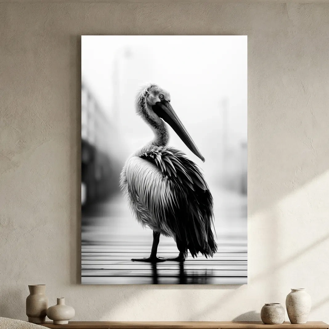 Misty Pelican Pier Portrait - Minimalist Photographic Bird Wall Art