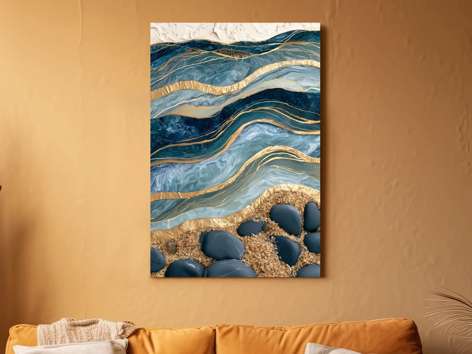 Abstract Layered Geological Strata - Gold Veined Stone Wall Art