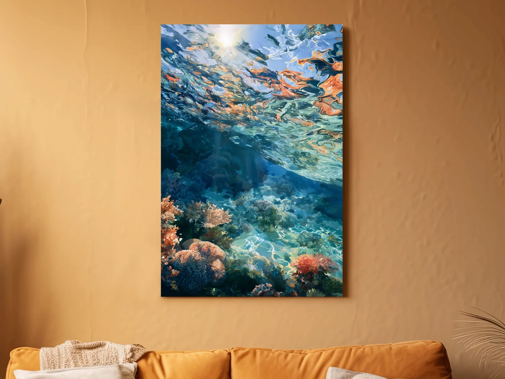 Sunlit Underwater Coral Reef Painting - Vibrant Marine Wall Art