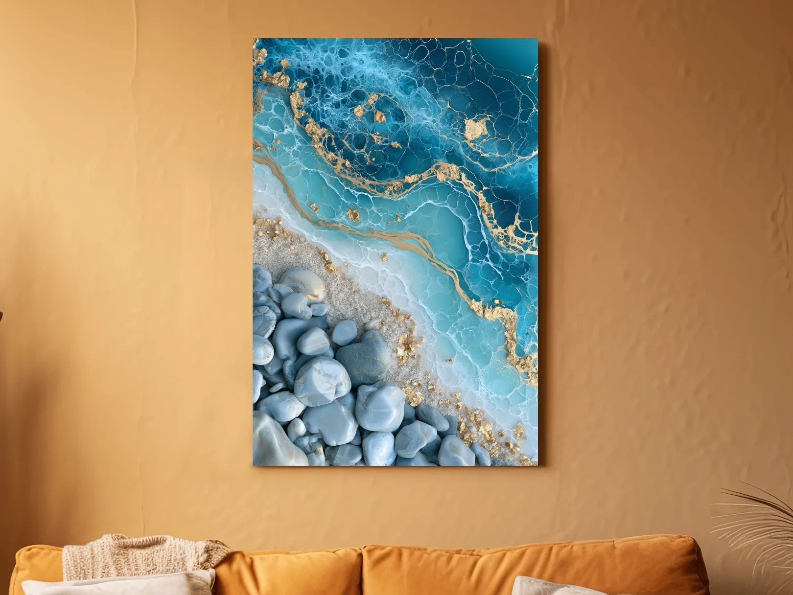 Pebble and Gold Resin Pour - Abstract Stone Wall Art