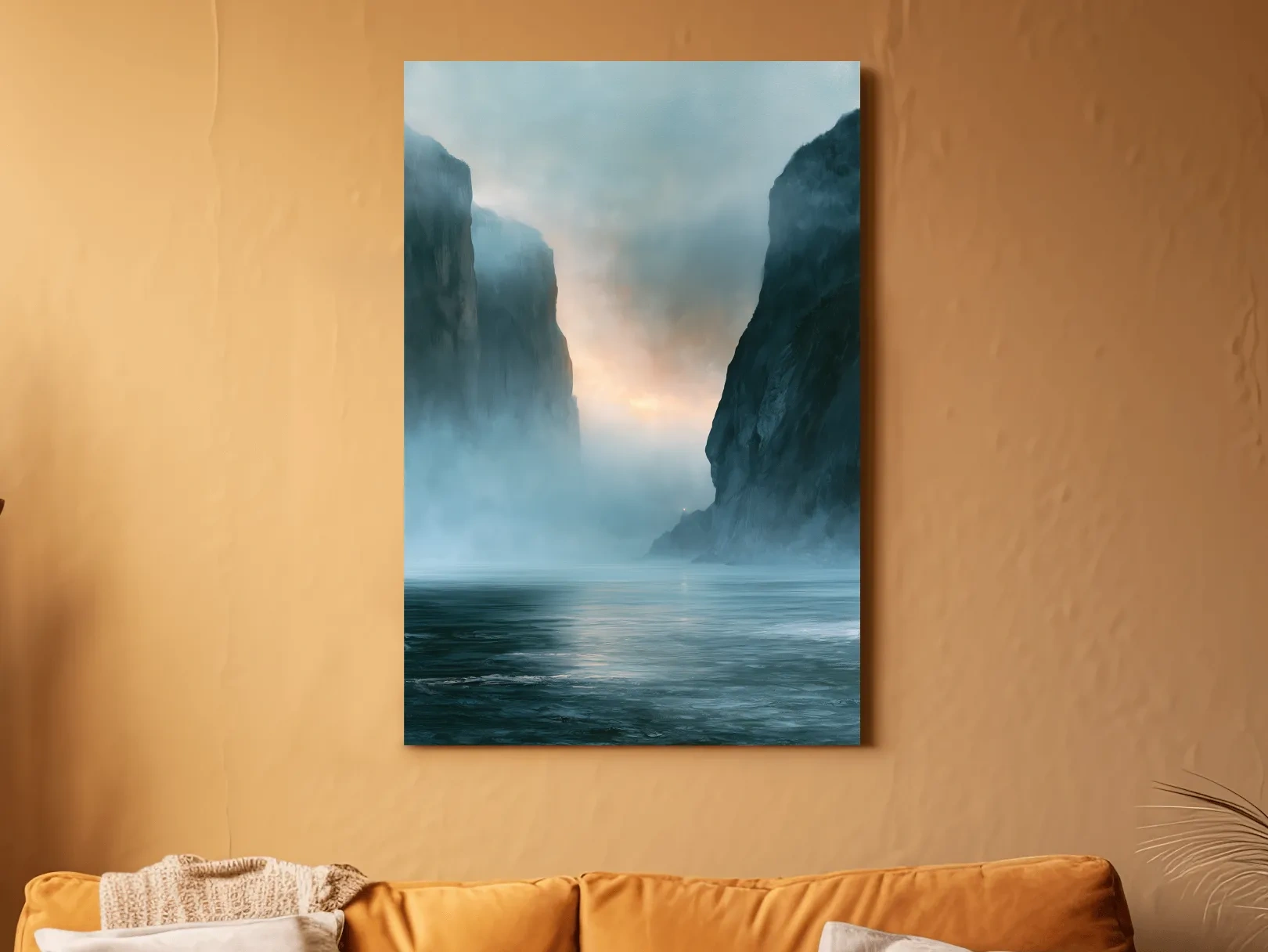 Misty Fjord Cliffs at Dawn - Dramatic Seascape Landscape Art
