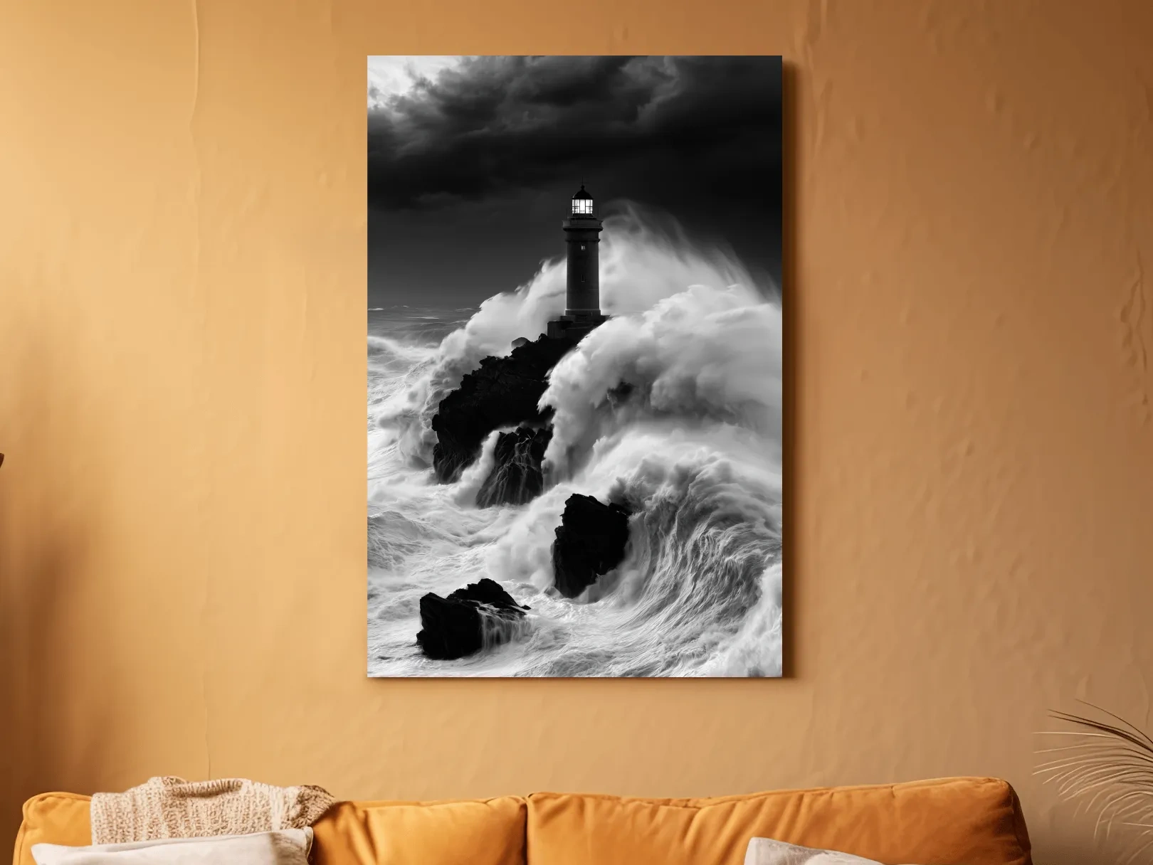 Misty Lighthouse Crashing Waves - Black And White Photographic Wall Art