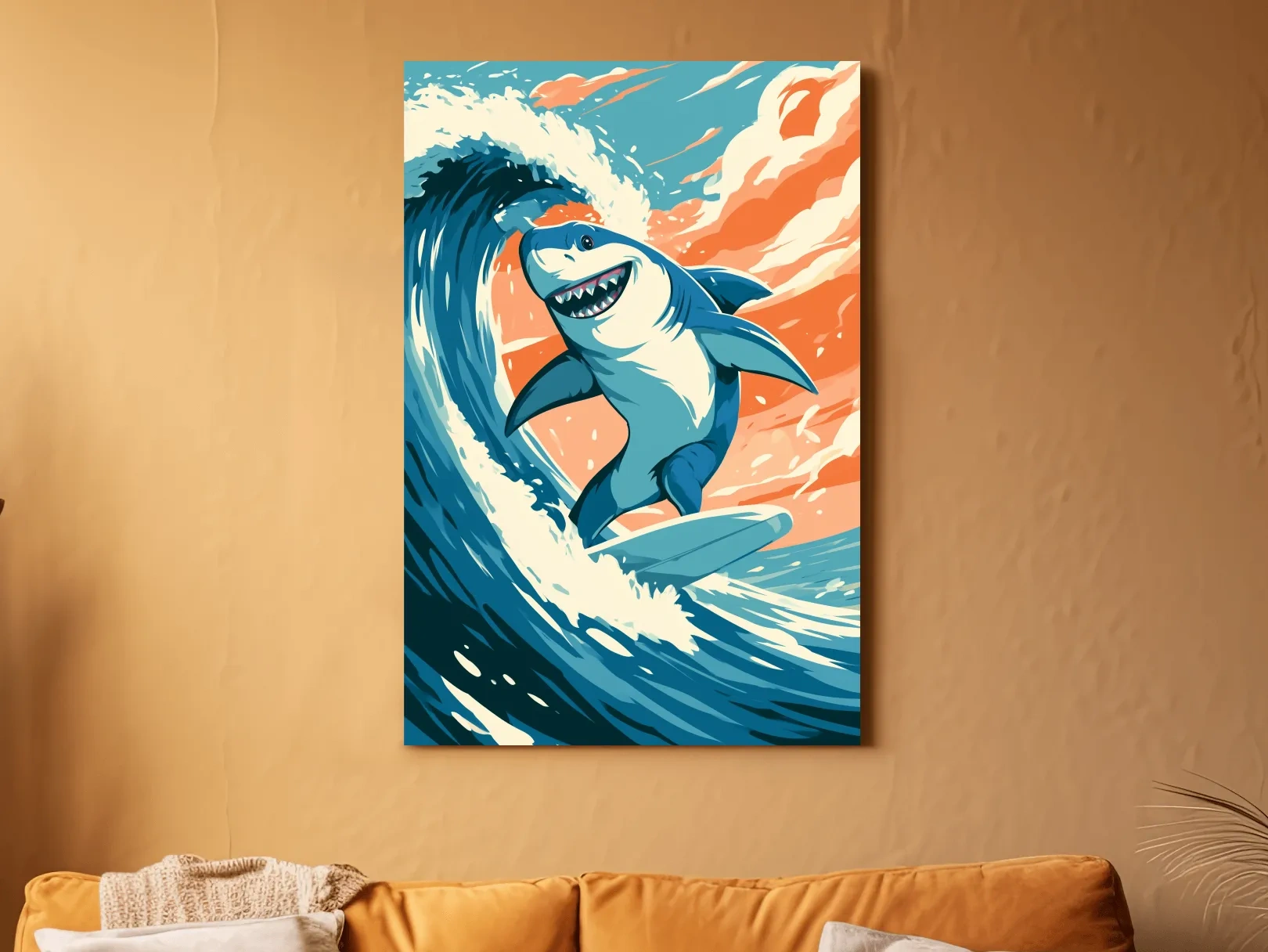 Happy Surfing Shark Vector Illustration - Quirky Marine Life Wall Art