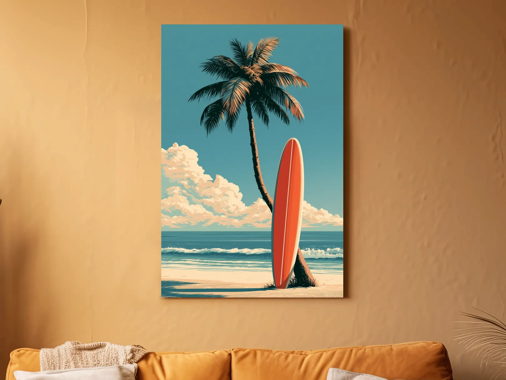 Vintage Surfboard on Palm Beach - Retro Coastal Wall Art