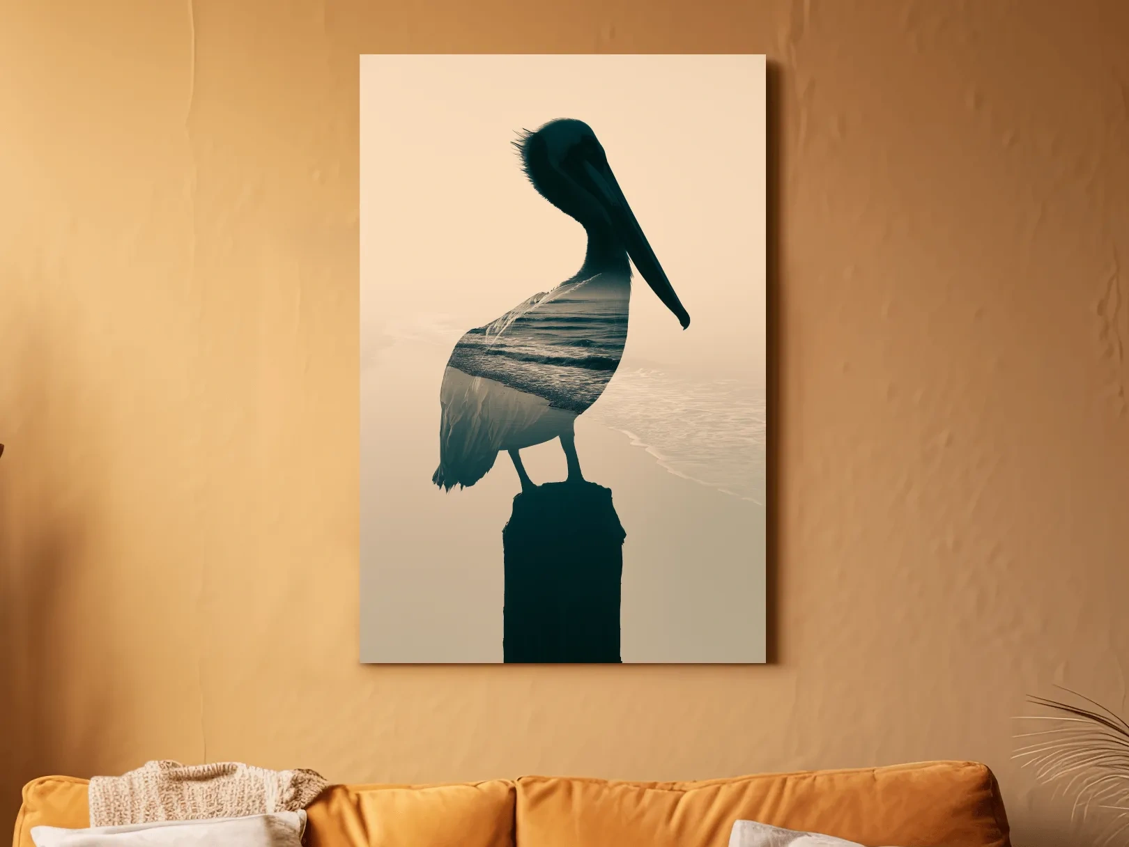 Pelican Double Exposure Silhouette - Minimalist Beach Photographic Wall Art