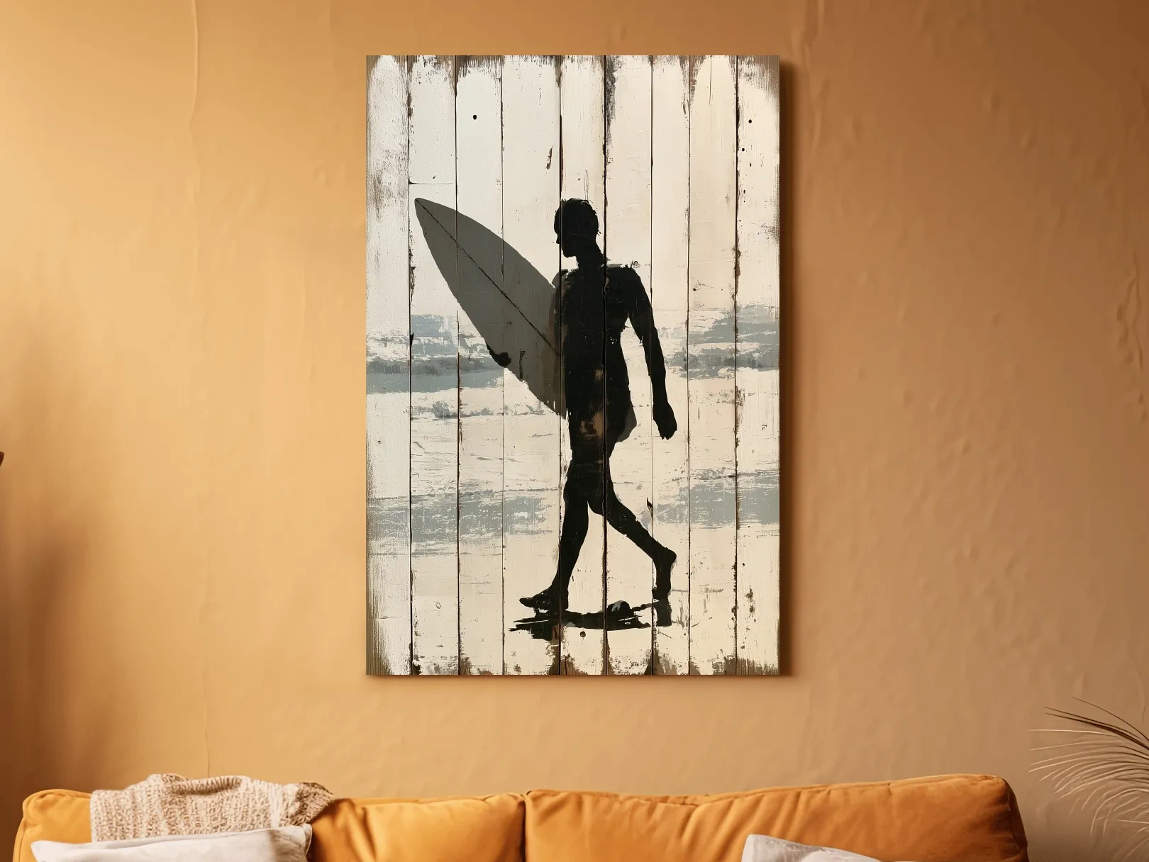 Surfer Silhouette Reclaimed Wood Painting - Rustic Beach Wall Art