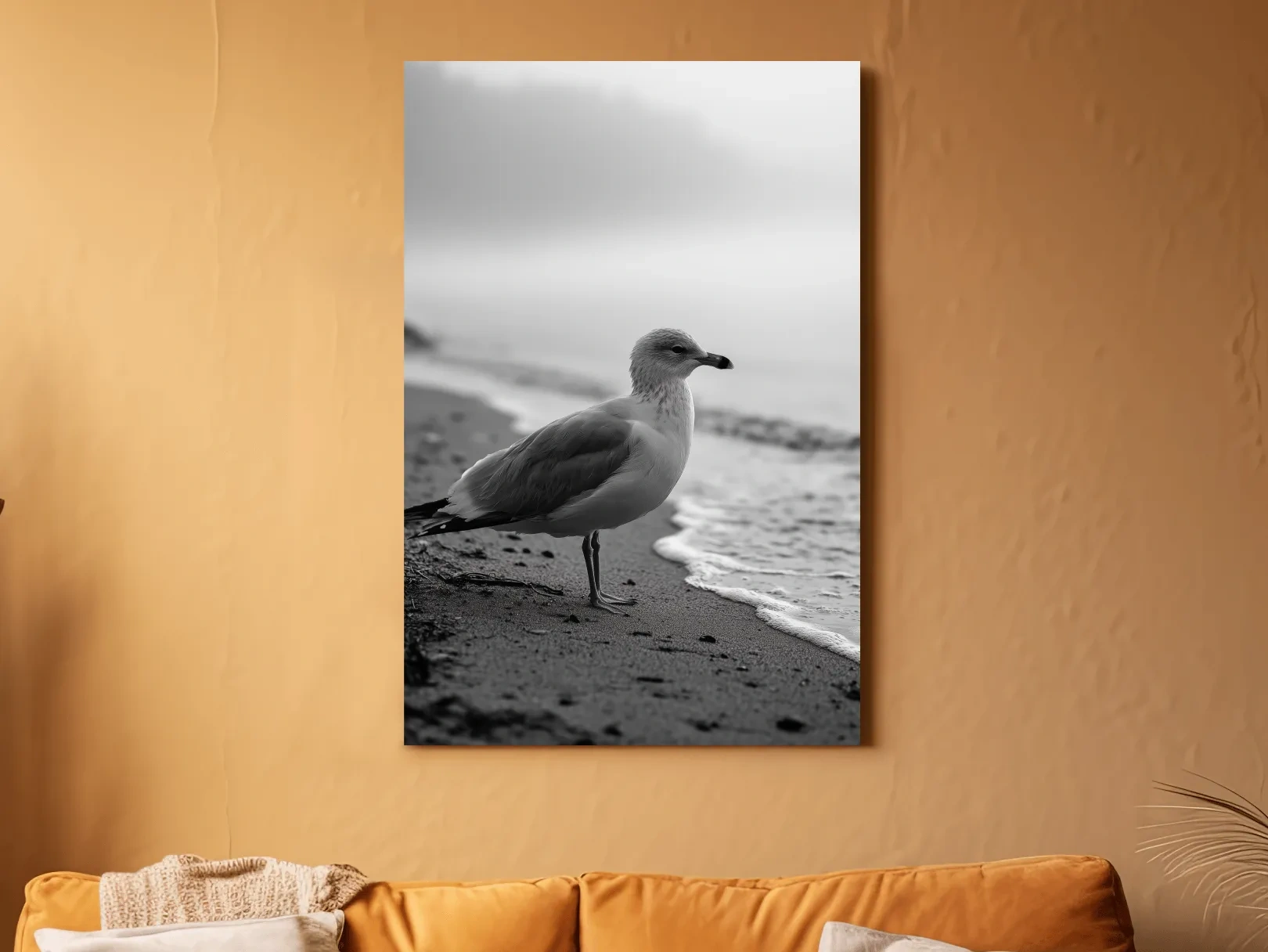 Misty Seagull Beach Scene - Minimalist Photographic Wall Art