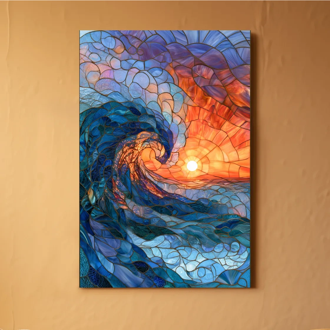 Stained Glass Style Crashing Wave - Abstract Ocean Sunset Wall Art