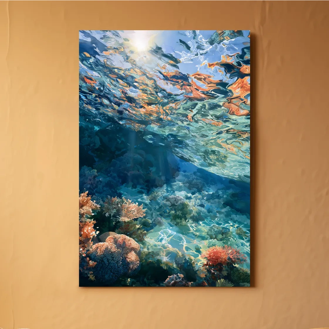Sunlit Underwater Coral Reef Painting - Vibrant Marine Wall Art