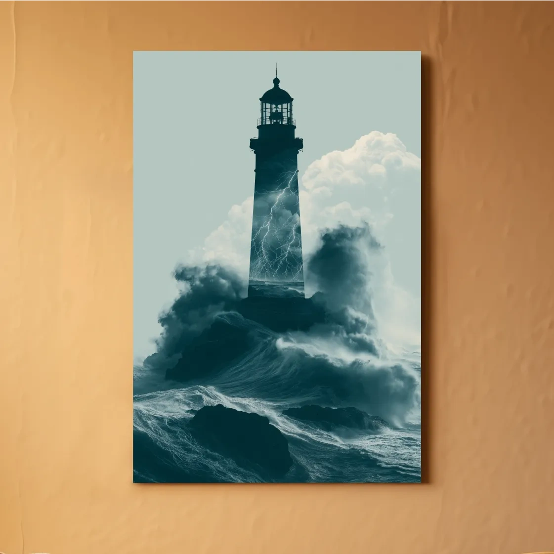 Surreal Storm Lighthouse Double Exposure - Dramatic Ocean Illustration Wall Art