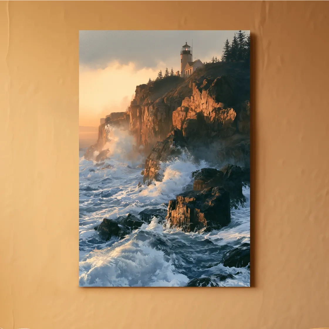 Dramatic Lighthouse Cliff Seascape - Golden Sunset Painting Wall Art