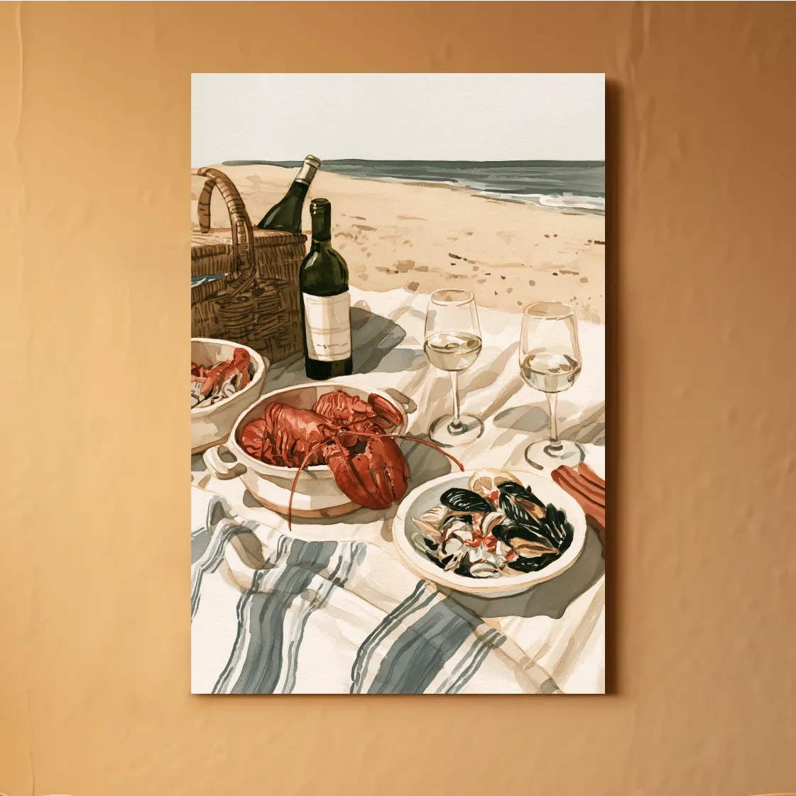 Coastal Lobster Picnic Artwork - Watercolor Beach Wall Art