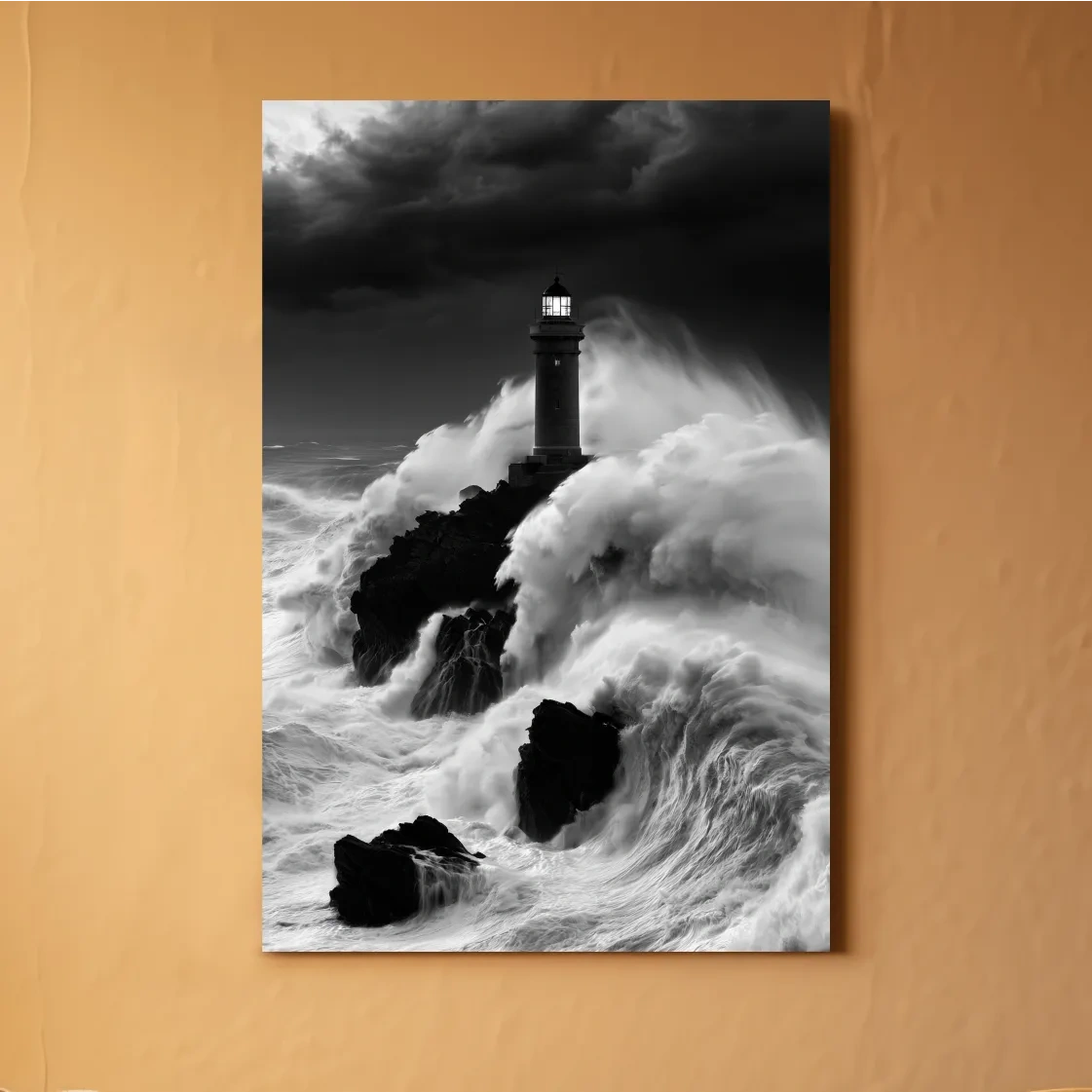 Misty Lighthouse Crashing Waves - Black And White Photographic Wall Art